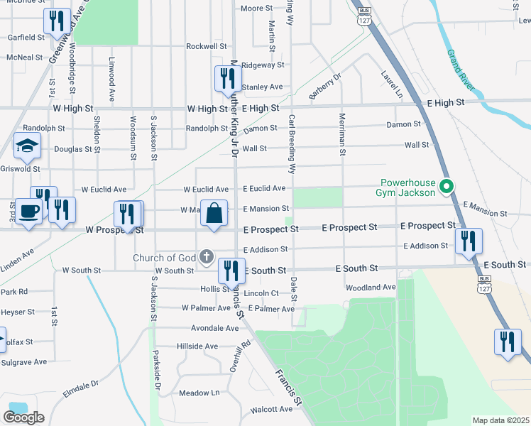 map of restaurants, bars, coffee shops, grocery stores, and more near 127 East Mansion Street in Jackson