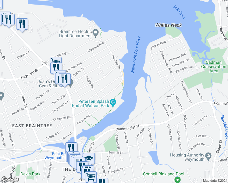 map of restaurants, bars, coffee shops, grocery stores, and more near 141 Edgehill Road in Braintree