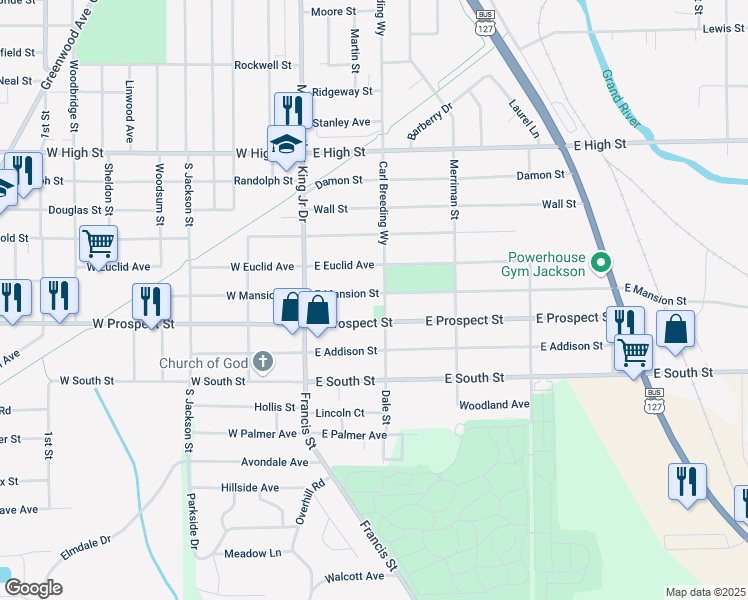 map of restaurants, bars, coffee shops, grocery stores, and more near 157 East Mansion Street in Jackson