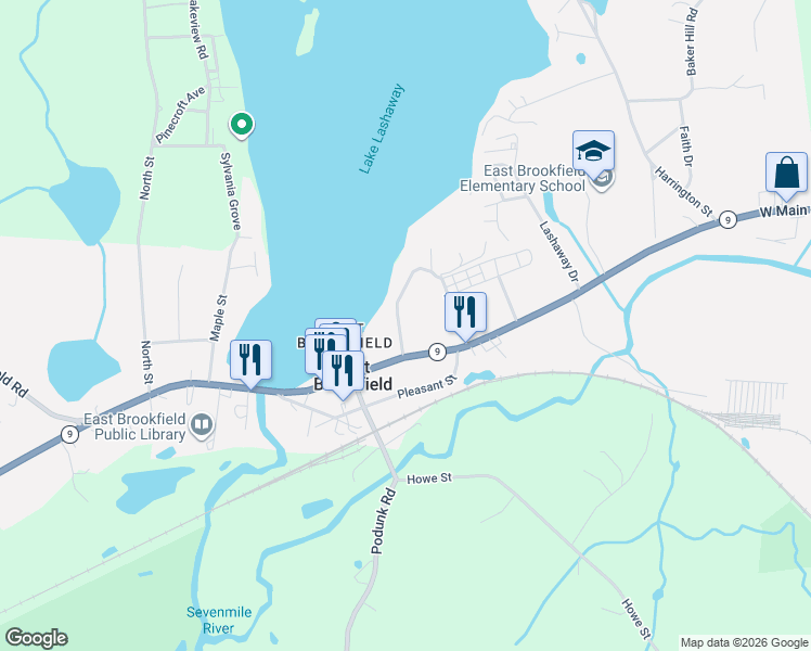 map of restaurants, bars, coffee shops, grocery stores, and more near 112 Gleason Avenue in East Brookfield