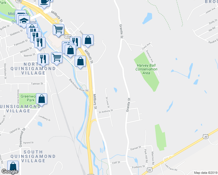 map of restaurants, bars, coffee shops, grocery stores, and more near 43 Saint Louis Street in Worcester