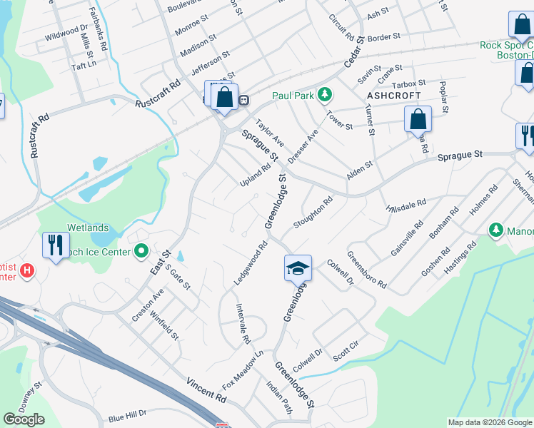 map of restaurants, bars, coffee shops, grocery stores, and more near 75 Greenlodge Street in Dedham