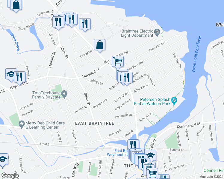 map of restaurants, bars, coffee shops, grocery stores, and more near 85 Cotton Avenue in Braintree