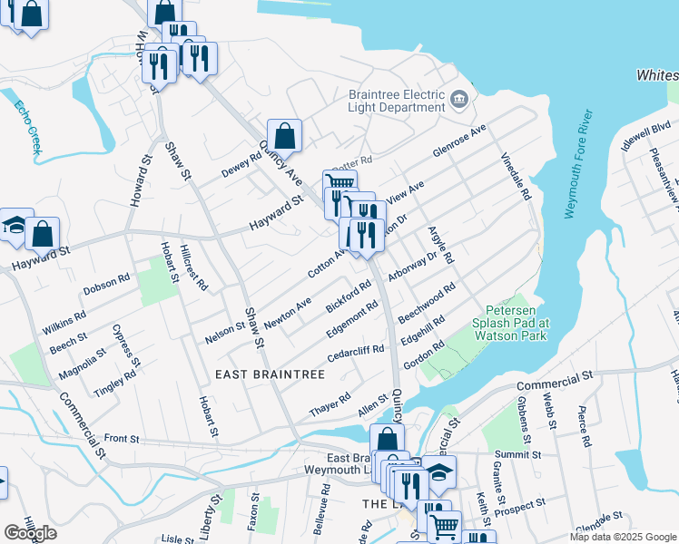 map of restaurants, bars, coffee shops, grocery stores, and more near 85 Cotton Avenue in Braintree
