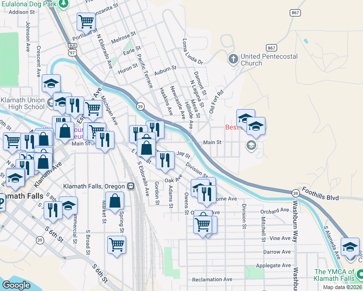map of restaurants, bars, coffee shops, grocery stores, and more near 2022 Main Street in Klamath Falls