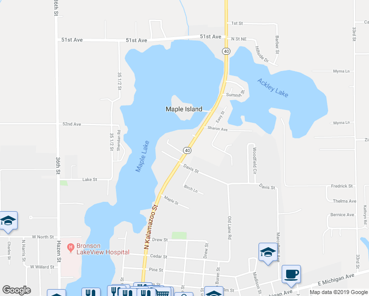 map of restaurants, bars, coffee shops, grocery stores, and more near 821 North Kalamazoo Street in Paw Paw