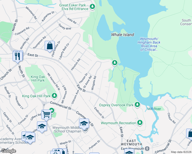 map of restaurants, bars, coffee shops, grocery stores, and more near 60 Puritan Road in Weymouth