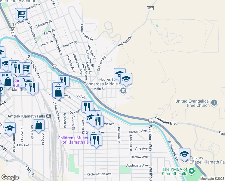 map of restaurants, bars, coffee shops, grocery stores, and more near 114 South Williams Avenue in Klamath Falls