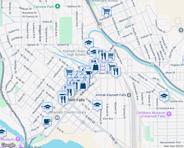 map of restaurants, bars, coffee shops, grocery stores, and more near 1111 Main Street in Klamath Falls