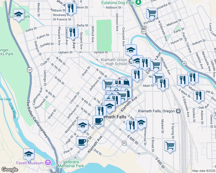 map of restaurants, bars, coffee shops, grocery stores, and more near 301 North 9th Street in Klamath Falls