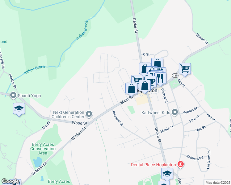 map of restaurants, bars, coffee shops, grocery stores, and more near 6 Mayhew Street in Hopkinton