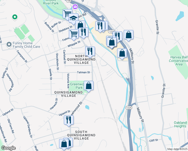 map of restaurants, bars, coffee shops, grocery stores, and more near 117 Greenwood Street in Worcester