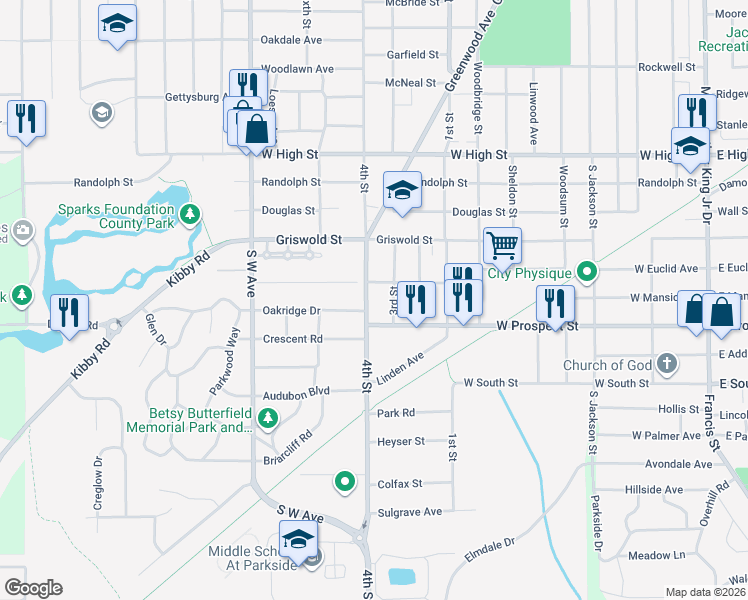 map of restaurants, bars, coffee shops, grocery stores, and more near 1714 4th Street in Jackson