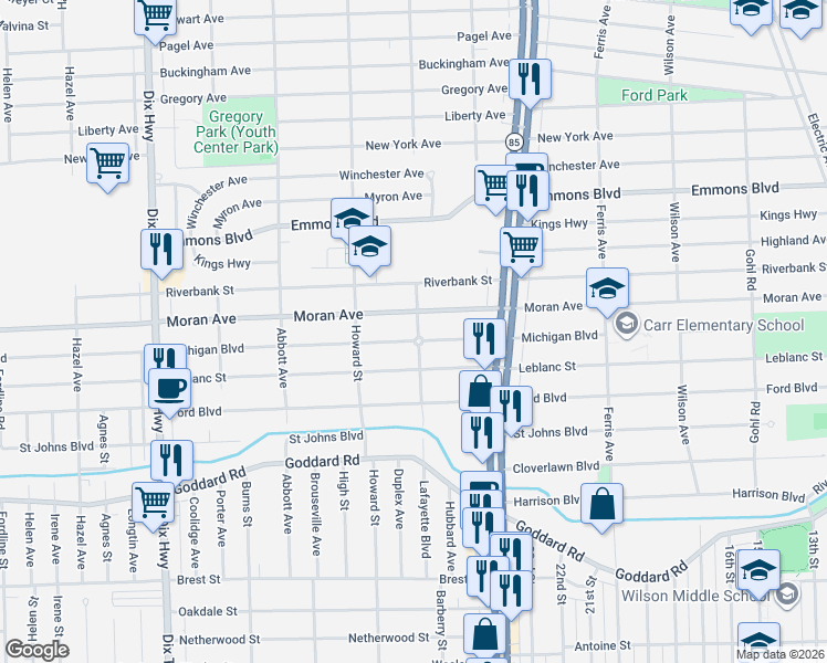 map of restaurants, bars, coffee shops, grocery stores, and more near 1474 Michigan Boulevard in Lincoln Park