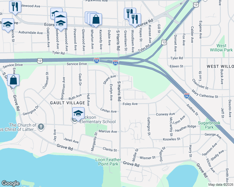 map of restaurants, bars, coffee shops, grocery stores, and more near 1208 South Harris Road in Ypsilanti