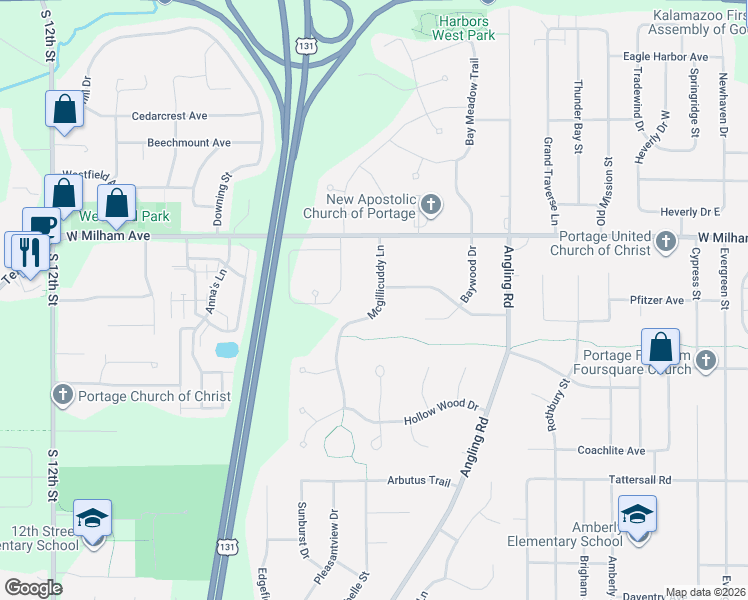 map of restaurants, bars, coffee shops, grocery stores, and more near 6210 Mcgillicuddy Lane in Portage