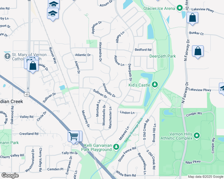 map of restaurants, bars, coffee shops, grocery stores, and more near 107 Anne Court in Vernon Hills