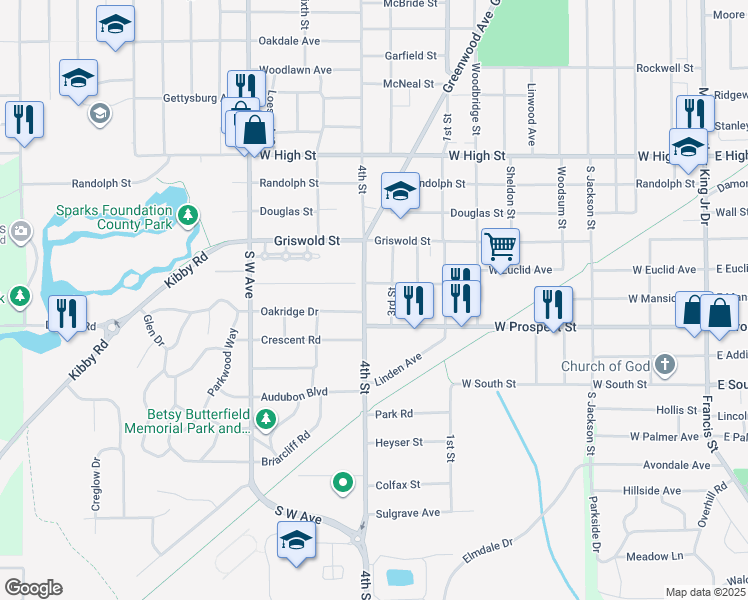 map of restaurants, bars, coffee shops, grocery stores, and more near 1707 4th Street in Jackson