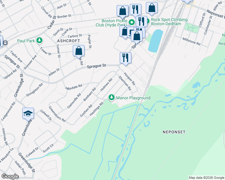 map of restaurants, bars, coffee shops, grocery stores, and more near 54 Altoona Road in Dedham