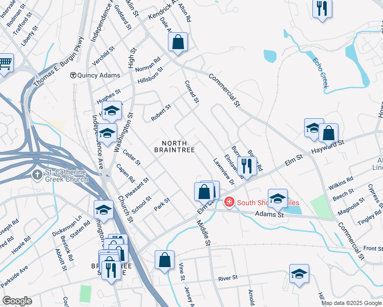 map of restaurants, bars, coffee shops, grocery stores, and more near 76 Blanchard Boulevard in Braintree