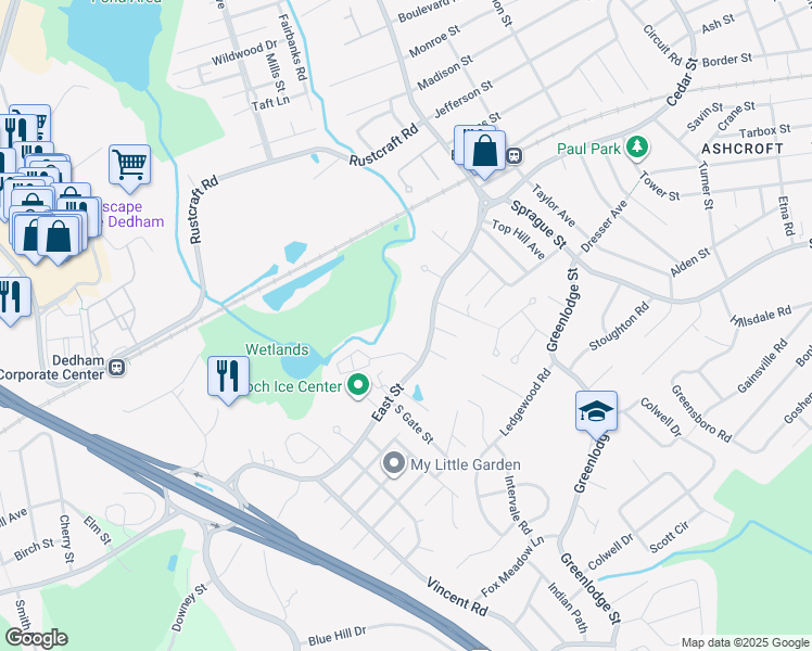 map of restaurants, bars, coffee shops, grocery stores, and more near 1007 East Street in Dedham