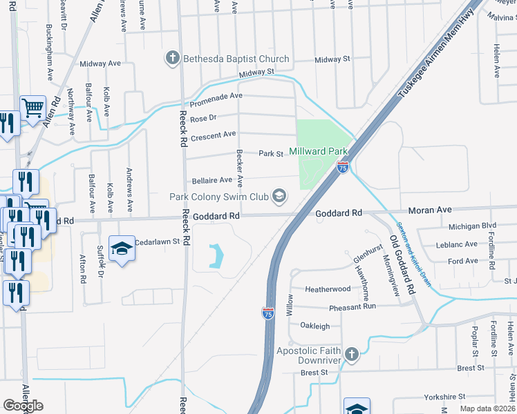 map of restaurants, bars, coffee shops, grocery stores, and more near 895 Becker Avenue in Allen Park