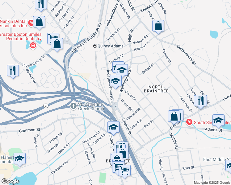 map of restaurants, bars, coffee shops, grocery stores, and more near 80 Independence Avenue in Braintree