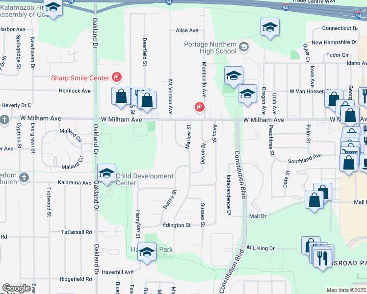 map of restaurants, bars, coffee shops, grocery stores, and more near 1429 Bradford Street in Portage