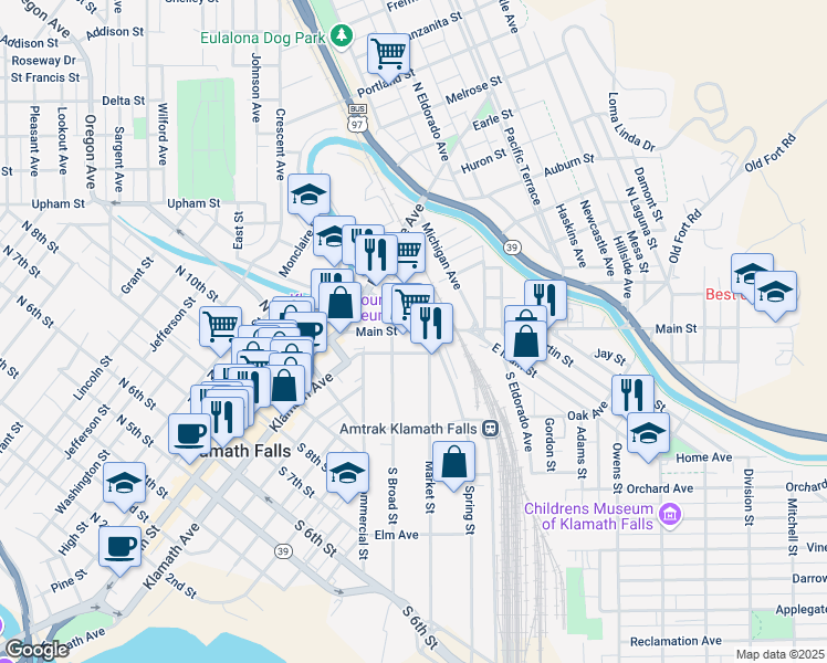 map of restaurants, bars, coffee shops, grocery stores, and more near 1434 Main Street in Klamath Falls