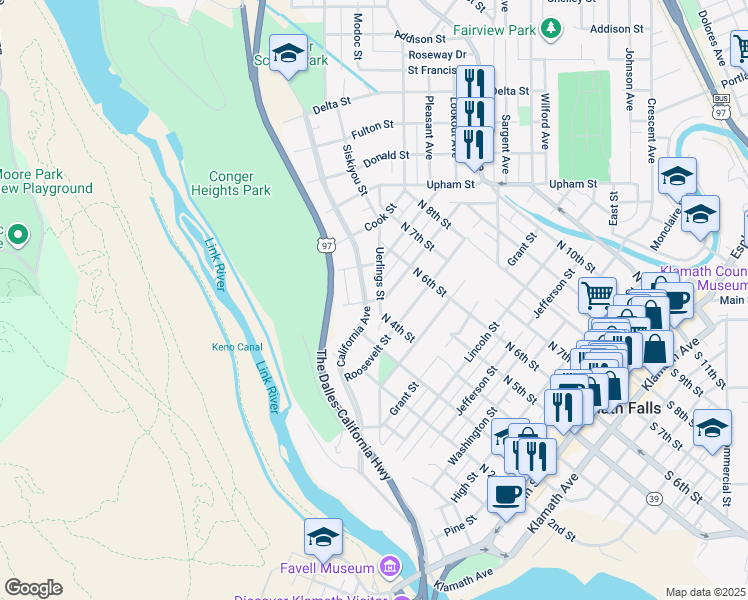 map of restaurants, bars, coffee shops, grocery stores, and more near 942 California Avenue in Klamath Falls