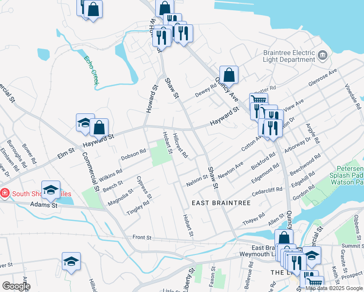 map of restaurants, bars, coffee shops, grocery stores, and more near 49 Hillcrest Road in Braintree