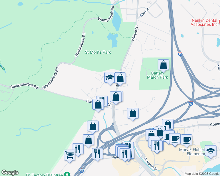 map of restaurants, bars, coffee shops, grocery stores, and more near 1 Adams Place in Quincy