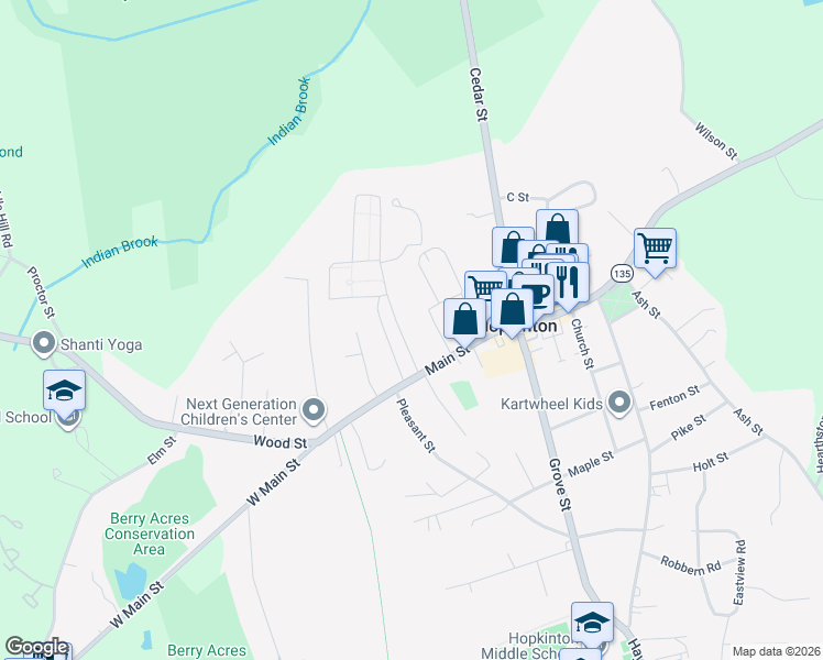 map of restaurants, bars, coffee shops, grocery stores, and more near 6 Mayhew Street in Hopkinton