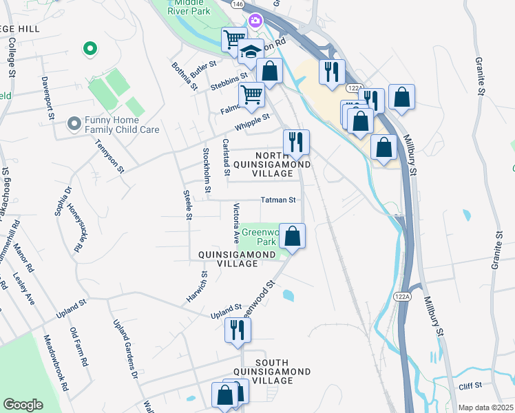 map of restaurants, bars, coffee shops, grocery stores, and more near 2 Jay Street in Worcester