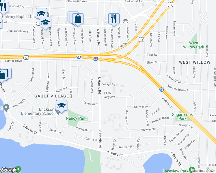 map of restaurants, bars, coffee shops, grocery stores, and more near 1468 Village Lane in Ypsilanti