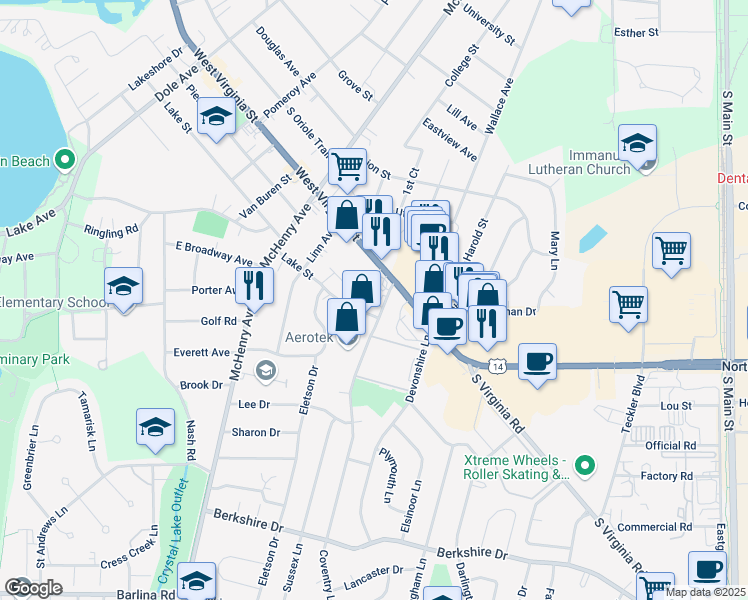 map of restaurants, bars, coffee shops, grocery stores, and more near 451 Coventry Lane in Crystal Lake
