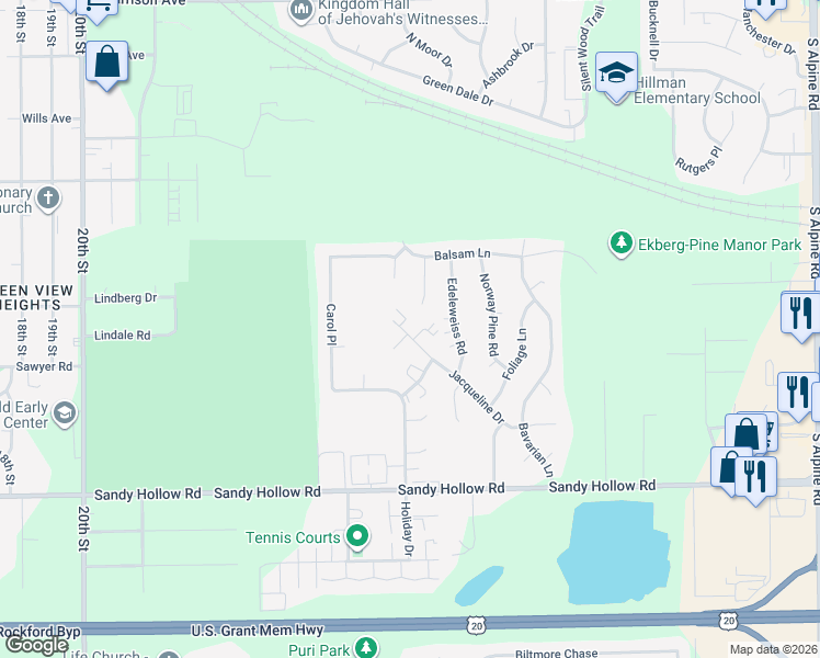map of restaurants, bars, coffee shops, grocery stores, and more near 11 Jacqueline Court in Rockford