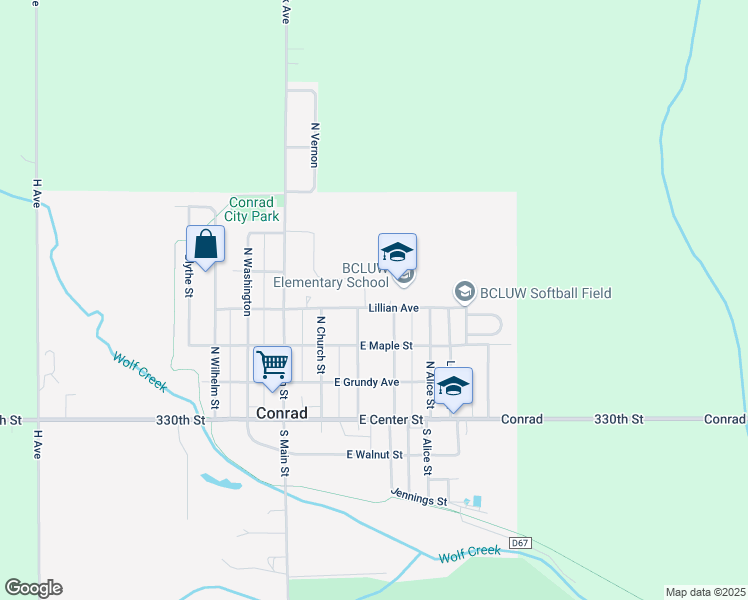 map of restaurants, bars, coffee shops, grocery stores, and more near Lillian Avenue in Conrad