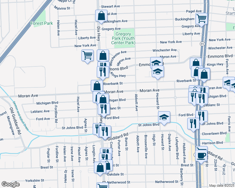 map of restaurants, bars, coffee shops, grocery stores, and more near 1780 Michigan Boulevard in Lincoln Park