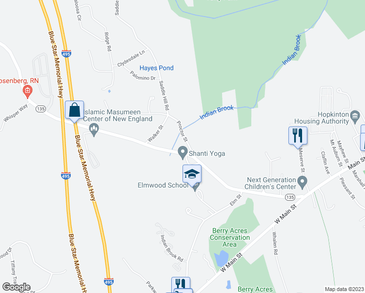 map of restaurants, bars, coffee shops, grocery stores, and more near 74 Wood Street in Hopkinton