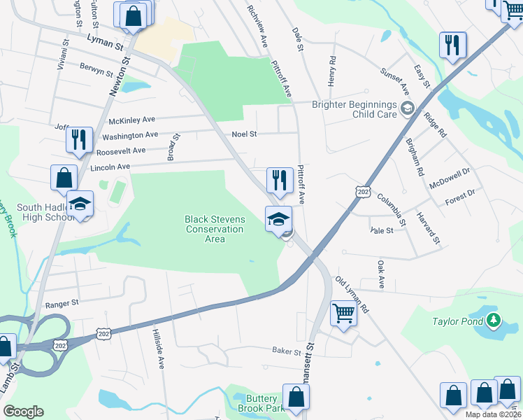 map of restaurants, bars, coffee shops, grocery stores, and more near 32-40 Lyman St in South Hadley