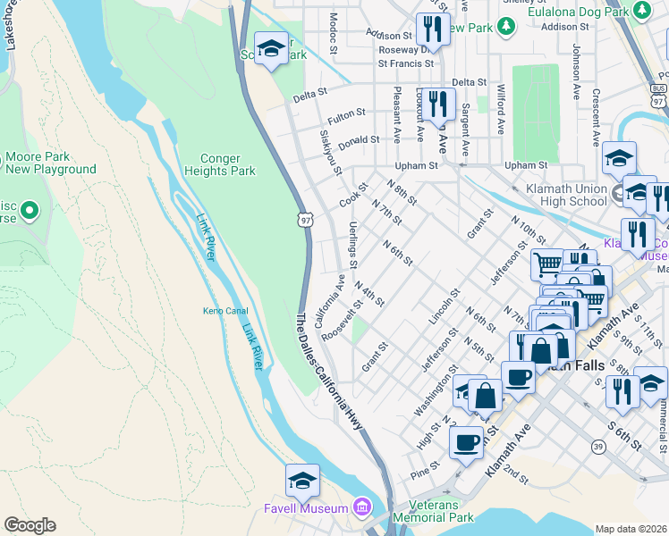 map of restaurants, bars, coffee shops, grocery stores, and more near 942 California Avenue in Klamath Falls