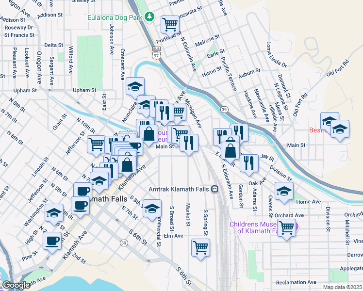 map of restaurants, bars, coffee shops, grocery stores, and more near 1451 Main Street in Klamath Falls