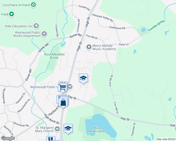 map of restaurants, bars, coffee shops, grocery stores, and more near 40 Westwood Glen Road in Westwood