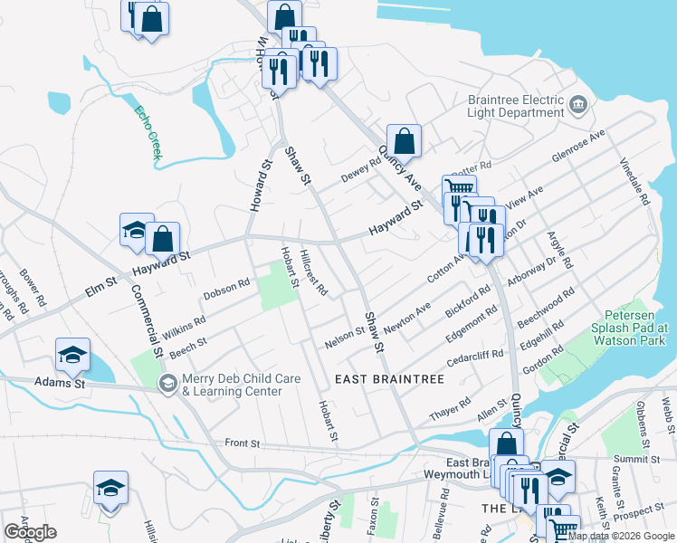 map of restaurants, bars, coffee shops, grocery stores, and more near 54 Fairmount Avenue in Braintree