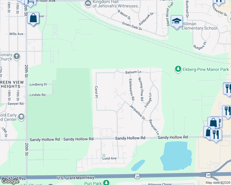 map of restaurants, bars, coffee shops, grocery stores, and more near 11 Jacqueline Court in Rockford