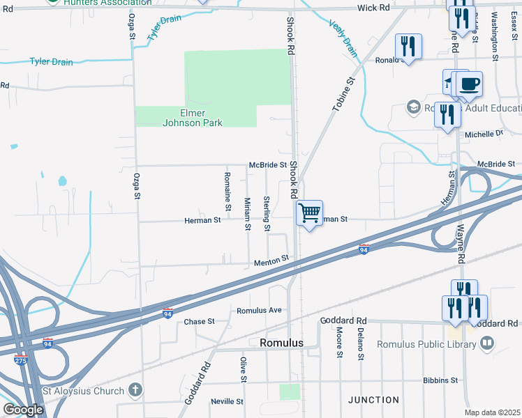 map of restaurants, bars, coffee shops, grocery stores, and more near 10165 Miriam Street in Romulus