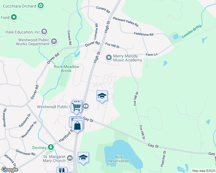 map of restaurants, bars, coffee shops, grocery stores, and more near 40 Westwood Glen Road in Westwood