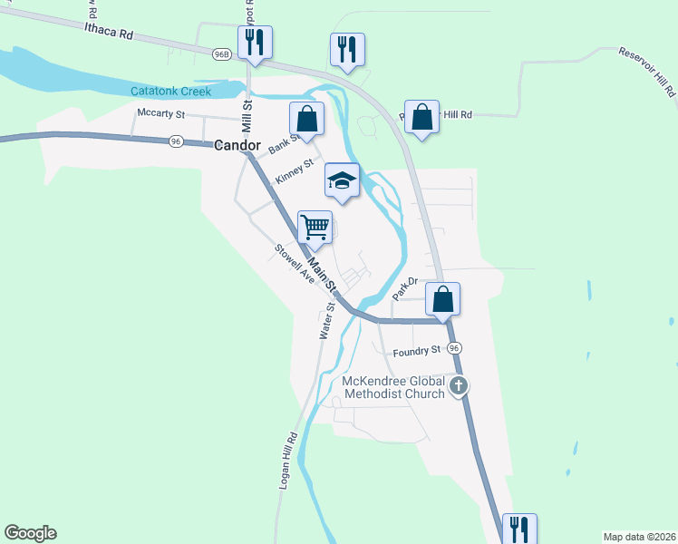map of restaurants, bars, coffee shops, grocery stores, and more near Academy Street in Candor
