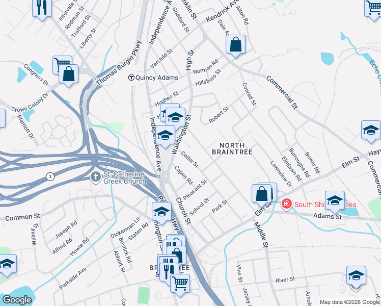 map of restaurants, bars, coffee shops, grocery stores, and more near 161 Cedar Street in Braintree